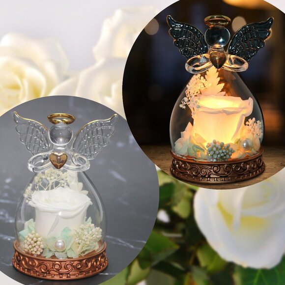 Real Preserved Rose Guardian Angel Glass Dome Copper Plated Base with LED Light - Picture 8 of 13